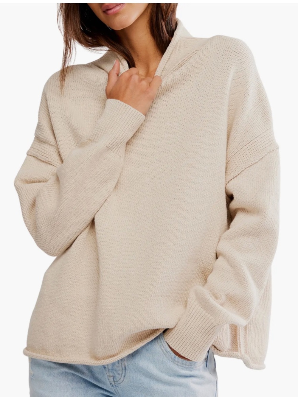 We The Free Cozy Slouchy Cowl Turtleneck Sweater in Beige